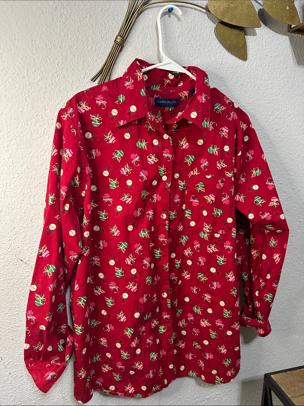 Karen Scott Red Holiday Motif Button-Front Shirt